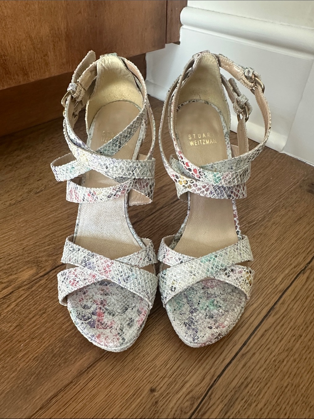 Stuart Weitzman Pastel Snake-Print Strappy Heels